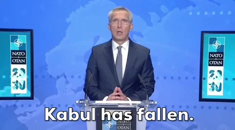 Jens Stoltenberg announcing the fall of Afghanistan in a press conference.