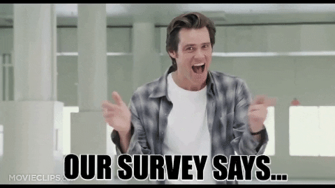 Jim Carey saying, 'our survey says...' and pointing his arm upwards