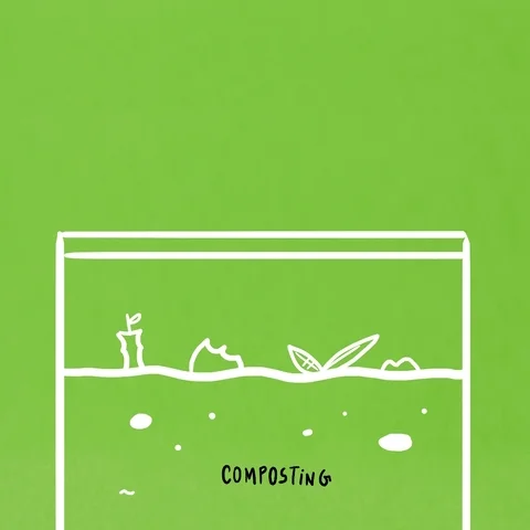 An animated graphic showing different materials going into a compost bin.