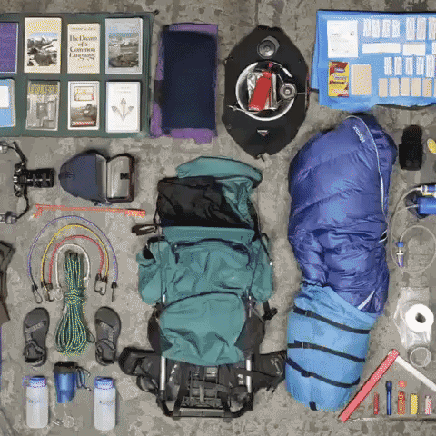 Camping gear packed into large camping backpack