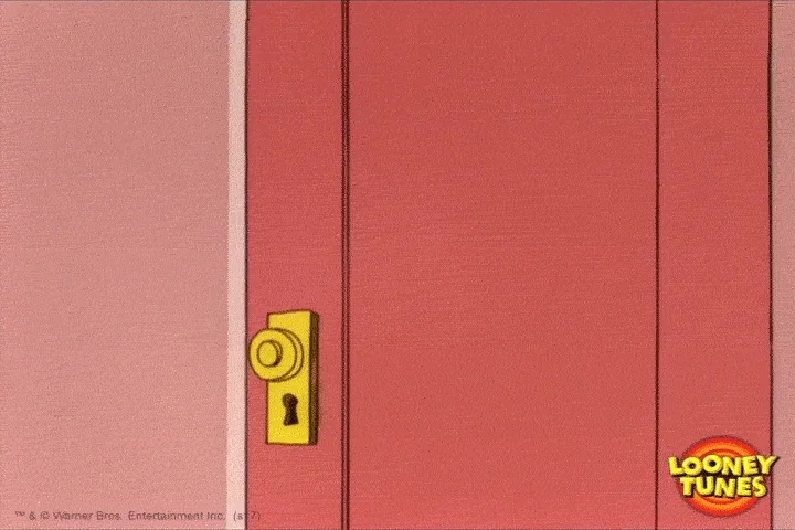 Daffy Duck nailing "Do Not Disturb" sign on a red door. 