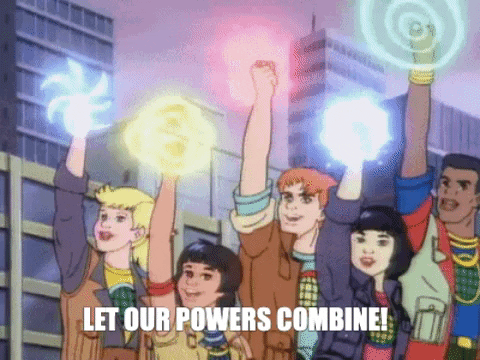Captain Planet characters raising their hands and saying, 