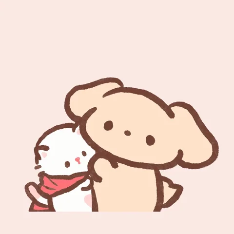 A white kitten and brown dog hugging, with three pink heart icons rising overhead.