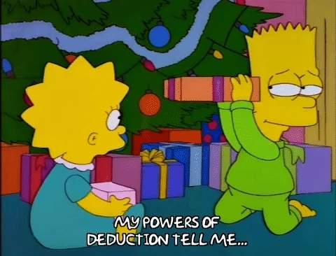 Bart Simpson shakes a Christmas gift and says to his sister, Lisa, 