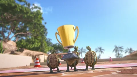 A turtle showing off a trophy and two other turtles cheering. 