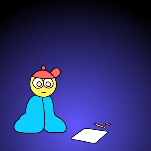 A cartoon character magically creating a colorful image that floats off of a piece of paper and into the air.