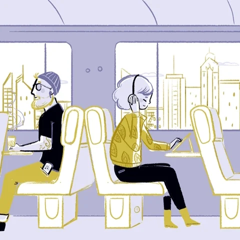 Two cartoon characters use their commute wisely, working and listening to music.