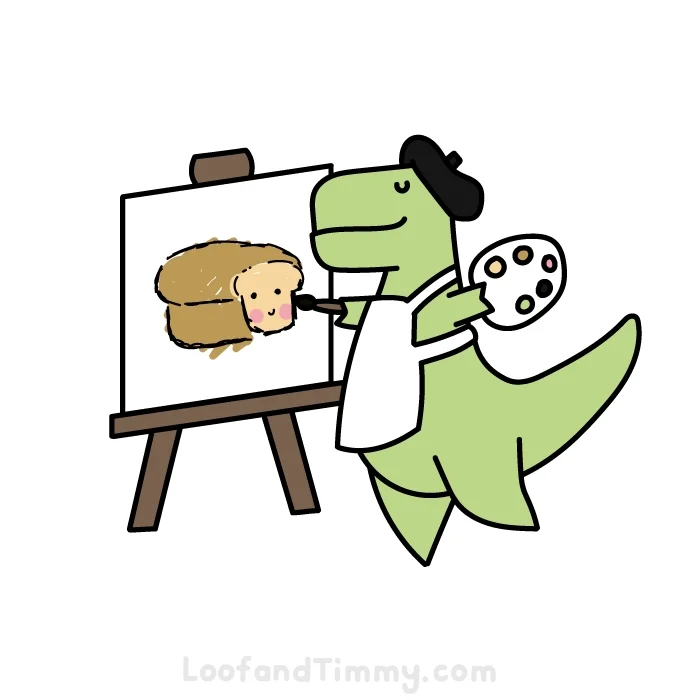 A cartoon dinosaur in a beret painteing a loaf of bread with a smiling face on a canvas.