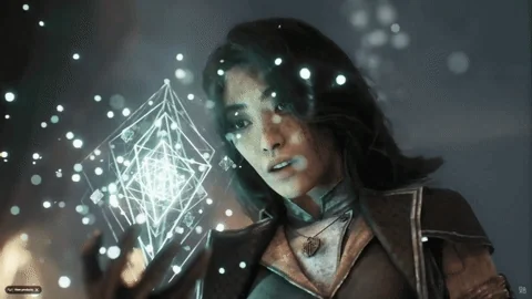 A character in an RPG video game finds a glowing object and hands it to a creature.