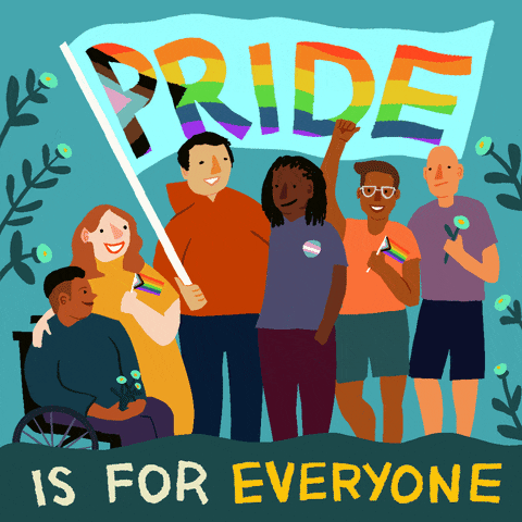 Illustration showing people holding a Pride Flag and the words:  Pride is for everyone.  