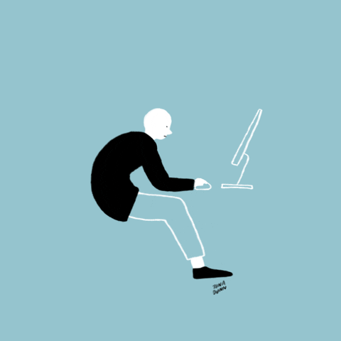 An animation of a person slouching in front of a computer. A giant finger pushes up their posture.