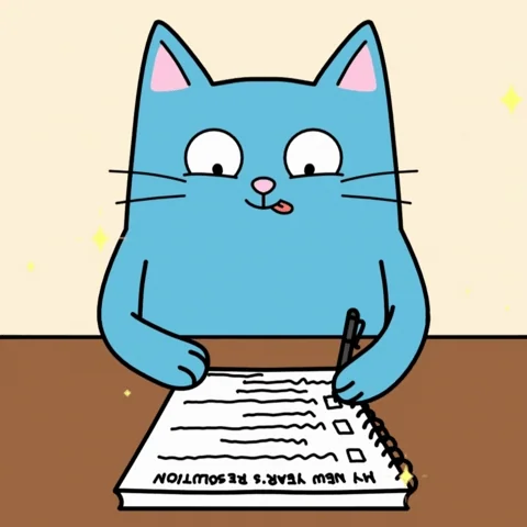 A cartoon cat excitedly scribbles on a notepad with a checklist of goals.