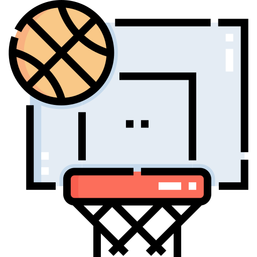 Icon of a basketball above a basketball net. 
