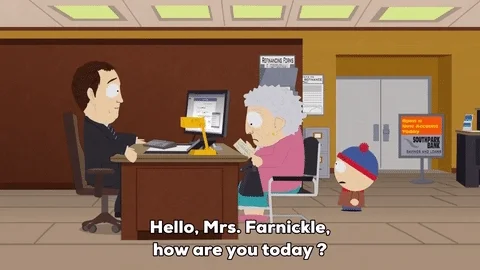 South Park gif of Mrs. Farnickle making a deposit at the bank. Stan is standing in the background. 
