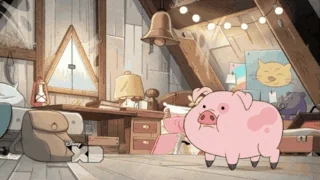 A cartoon person  jumping through a window to hug a pig. The text reads: 