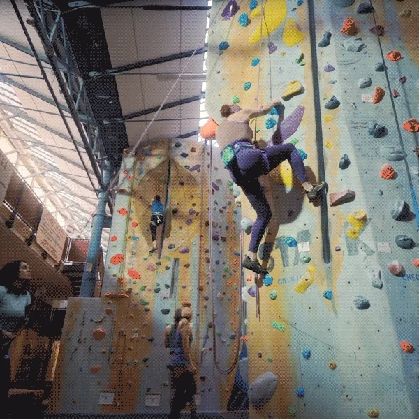 A person climbing a wall while attached to a rope at a climbing gym.