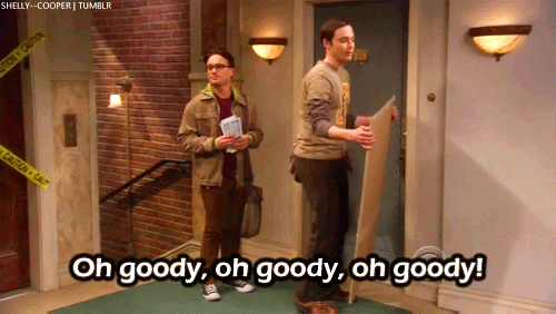 Excited Sheldon from Big Bang Theory getting ready to enter an apartment