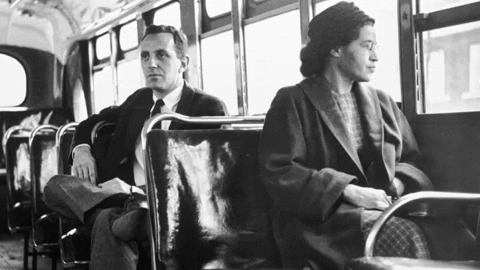 Rosa Parks is sitting on a bus. A white man is sitting behind her.