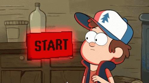 Boy pressing a glowing Start sign with a confused expression GIF by memecandy