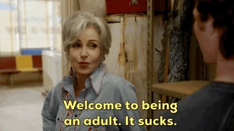 A woman delivering a blunt statement: 'Welcome to being an adult. It sucks,