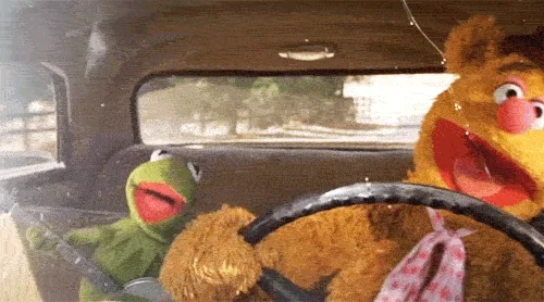 Kermit and Fozzie Bear laughing in a car.