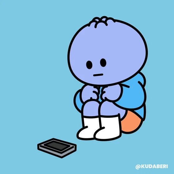 A Kudaberi character waiting for a message on a mobile phone.