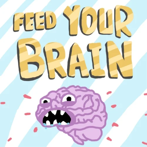 Purple cartoon brain with sharp teeth moves while overlaid text reads 