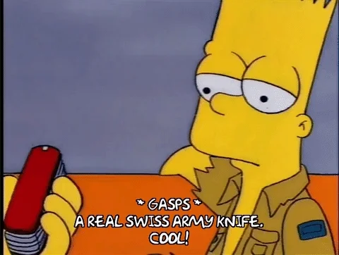 Bart Simpson sees a friend open up a Swiss Army knife, and expresses amazement.