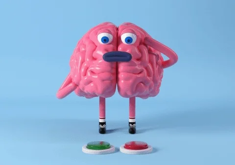 A GIF of a personified brain scratching its head and about to pick one of two buttons. Letters fall on the brains head. 