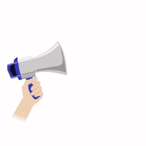 Media icons (video, network, chat, @, ideas) blasting out from a megaphone.