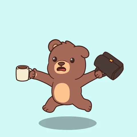 A cartoon bear running with coffee and a briefcase.