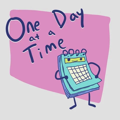 A cartoon-style calendar flips its own page, with the quote “One day at a time” displayed on the left side.