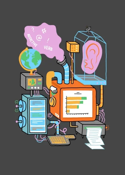 An illustration of a machine with inputs, analyses, and outputs of different types of data.