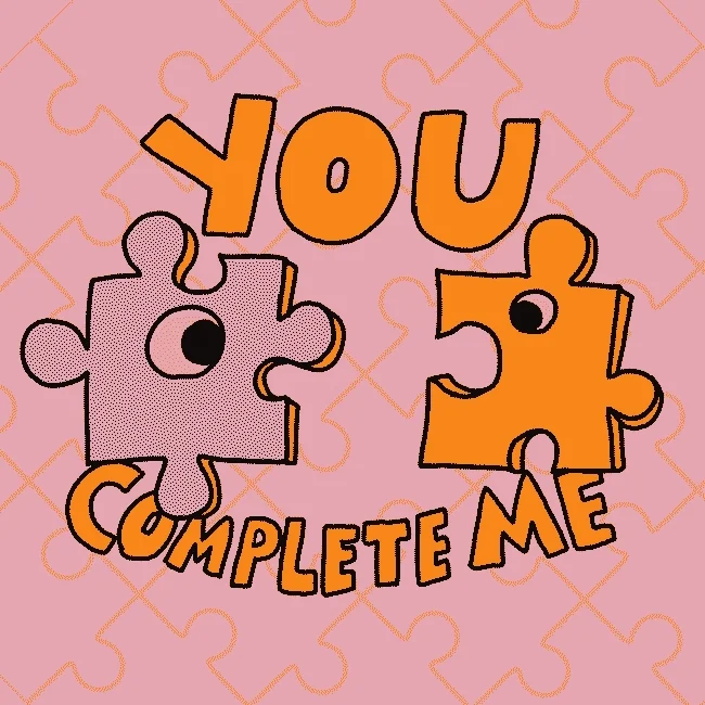 An animation depicting two puzzle pieces kissing. The text reads, 'You complete me.'