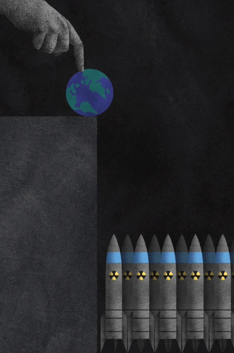 A finger pushes a globe to the edge of a precipice. Below it are a series of nuclear missiles.