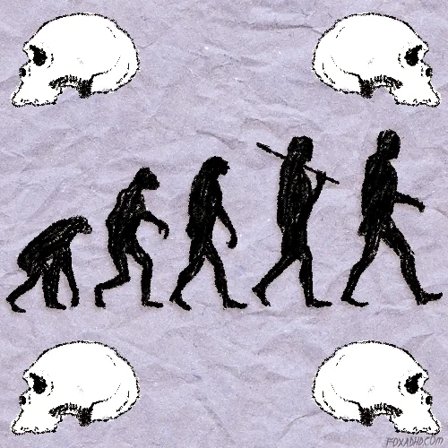An animated version of the evolution of man with skulls in the corners.