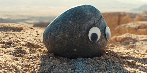 A smooth rock with googly eyes is on the top of a mountain and turns towards the camera.