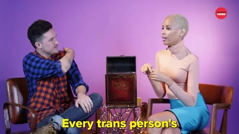 Two people in a Buzzfeed interview. One says, 'Every trans persons' full transition is different.'