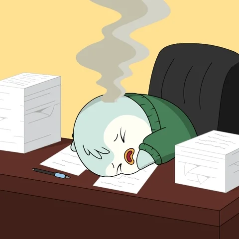 A cartoon bird rests its head on desk its desk. Steam comes out of the bird's head.