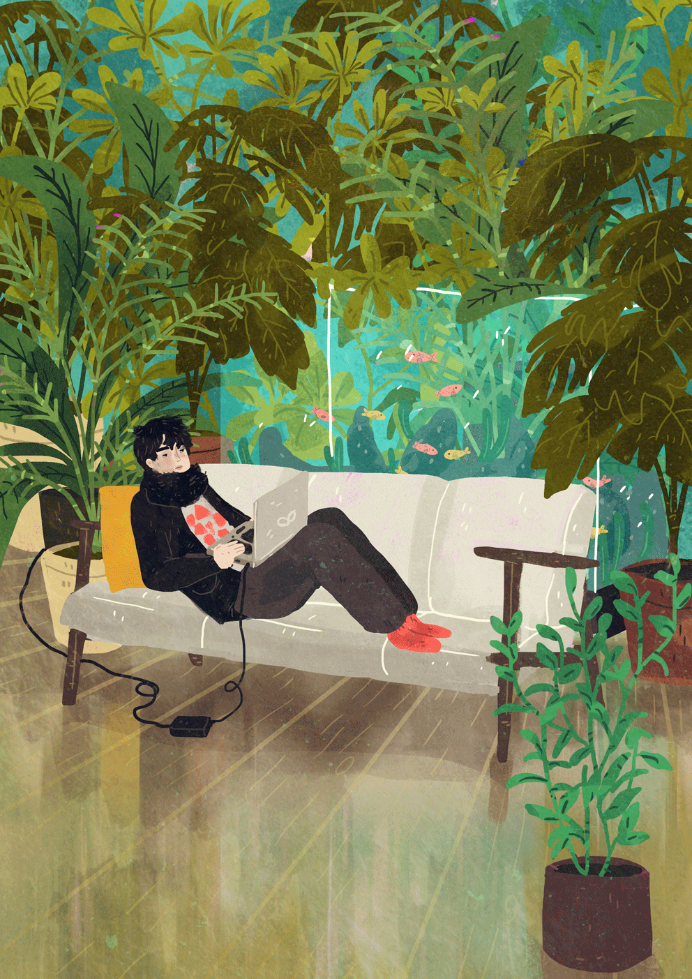A person in a room with lots of plants and a fish tank. They sit on a couch, holding a laptop.