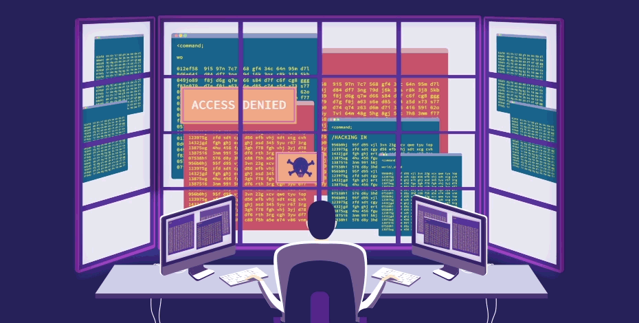 Animation of a person sitting at a desk typing on two keyboards and working on many computer screens to foil a hacker. 