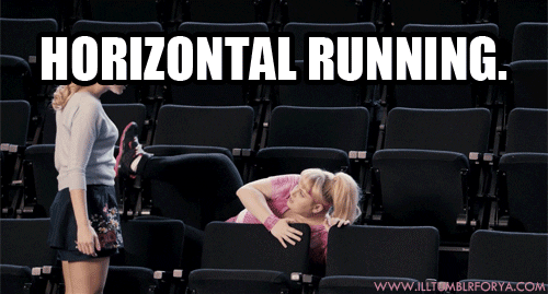 People trying to exercise in a lecture hall. The text reads: 'Horizontal running.'