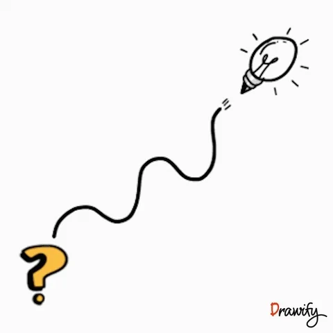 Question mark connected to a light bulb via a squiggly line