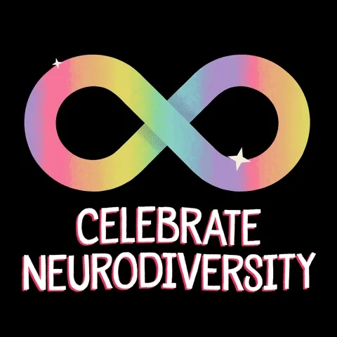 Infinity loop with alternating rainbow colors and the words: Celebrate Neurodiversity