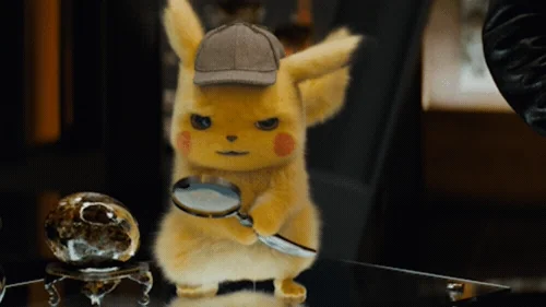Pikachu wearing a deerstalker cap looks around, holding a magnifying glass like a detective.
