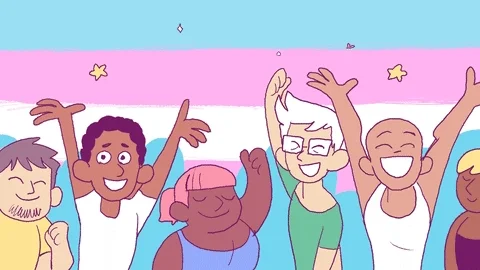 A diverse group of people cheers and waves in front of a transgender pride flag