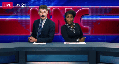 Gif of two news anchors, a man and a woman introducing themselves.