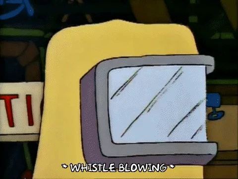 GIF of Home Simpson taking off his PPE and leaving, as a radioactive bar sticks to his back. Text says, 'Whistle Blowing'.