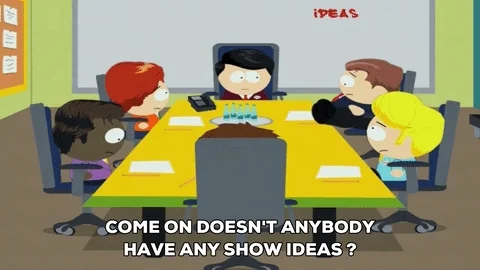South Park characters brainstorming ideas at a conference table.