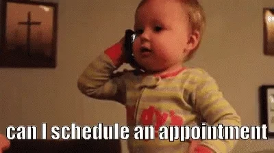 A small child is holding a phone and asking whether they can schedule and appointment.